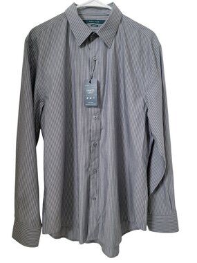 Perry Ellis Size L Gray & White Pinstripe Travel Luxe Button Down Dress Shirt